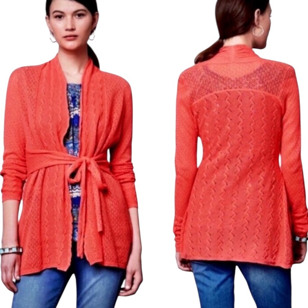 Anthropologie Knitted & Knotted Cosette Coral Tie Waist Linen Blend Cardigan - M